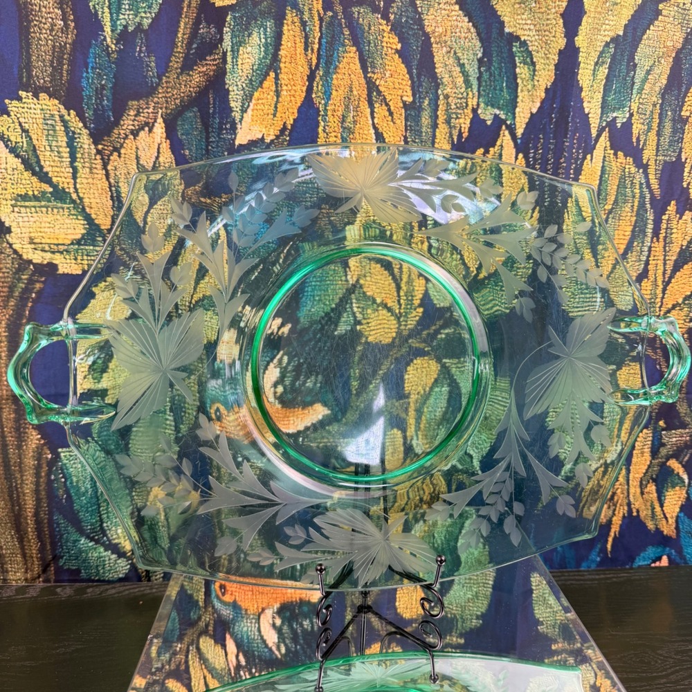Vintage Green Uranium Glass Etched Floral Serving Tray Hexagon Glows UV 16.5in